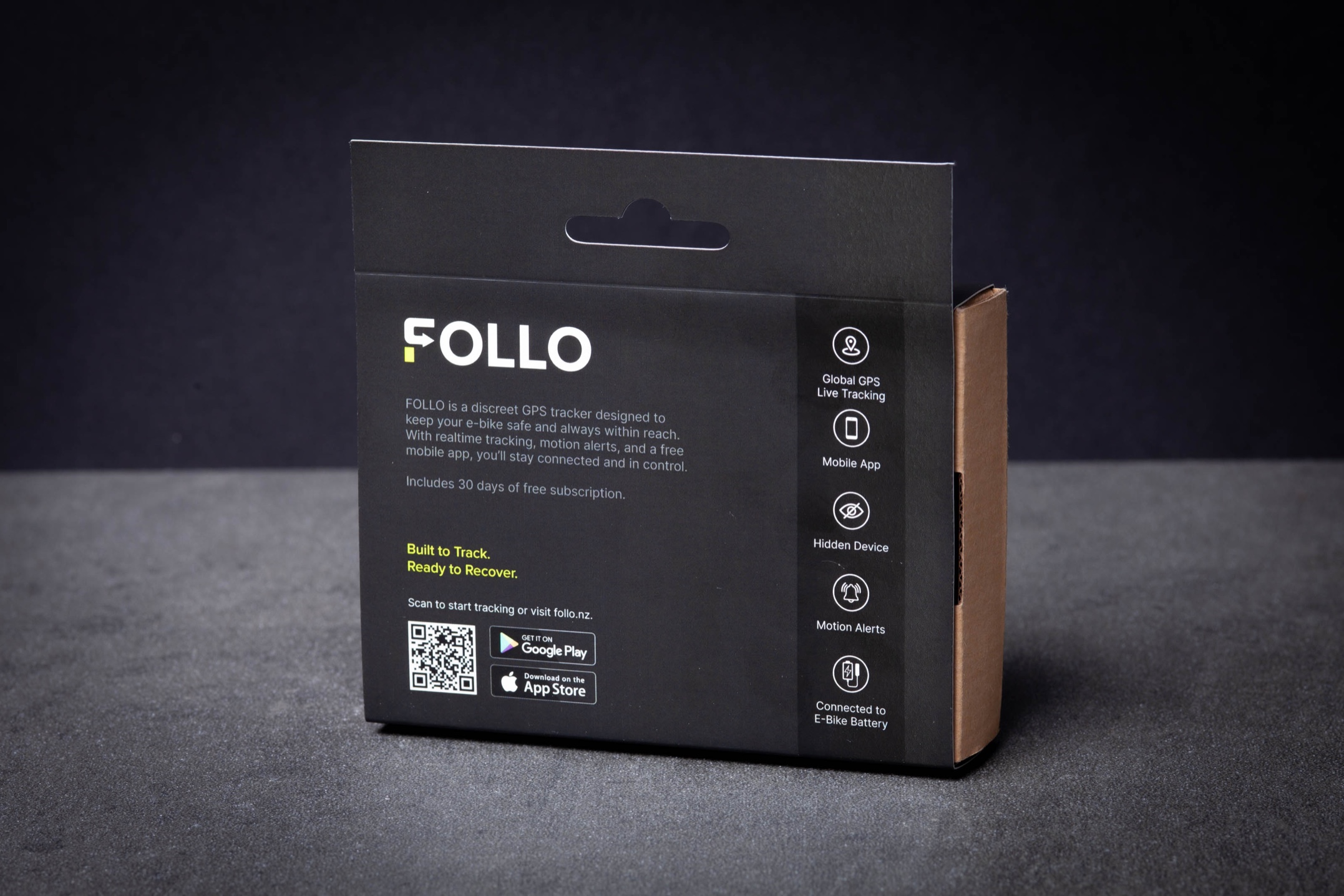 Custom printed carton sleeve / wrap with matte lamination and diecut hangsell slot for Follo GPS tracker, printed in Wellington by Colourcraft.