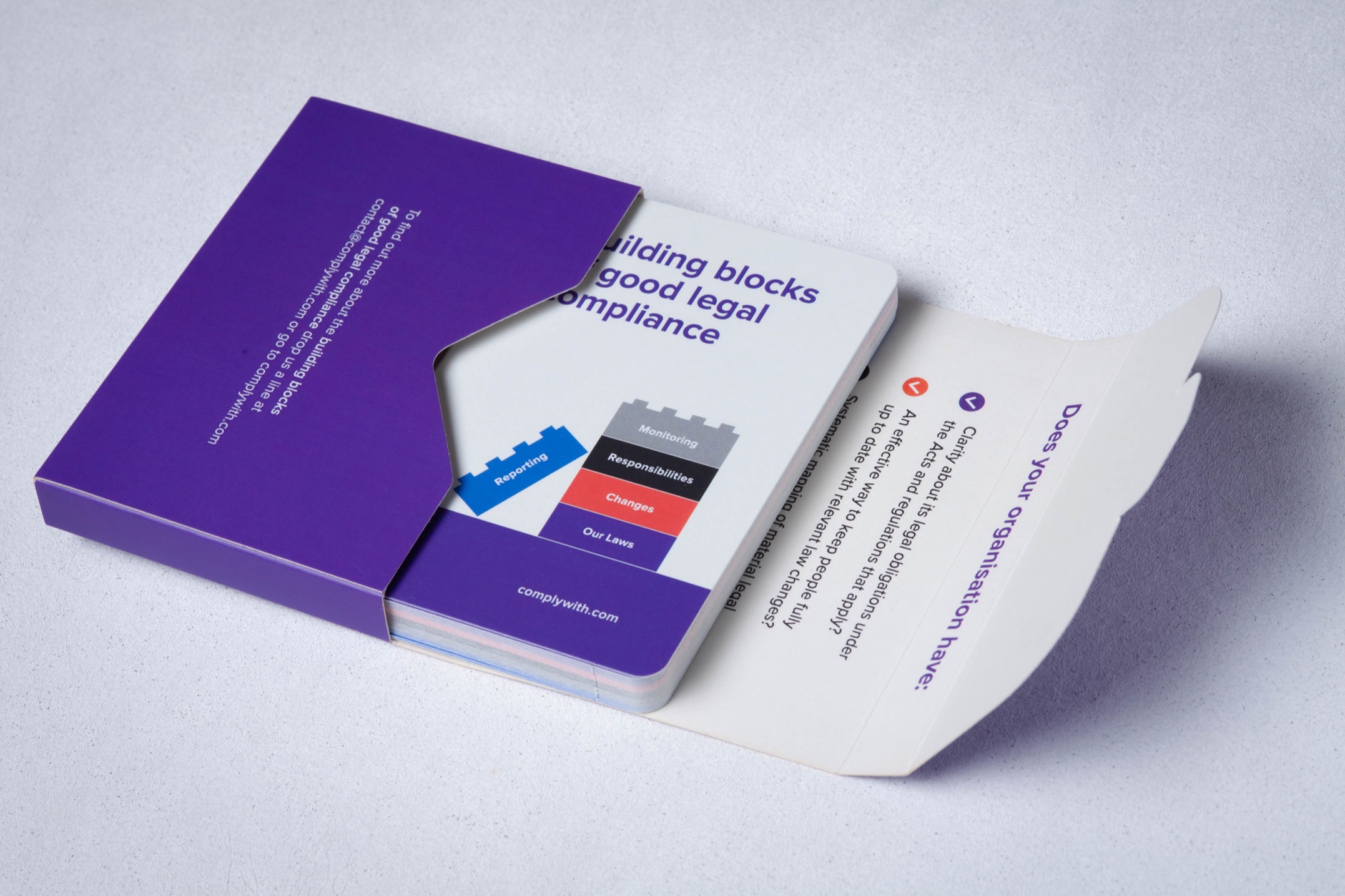 Custom double-sided training card pack with wallet-style carton printed for ComplyWith, Wellington