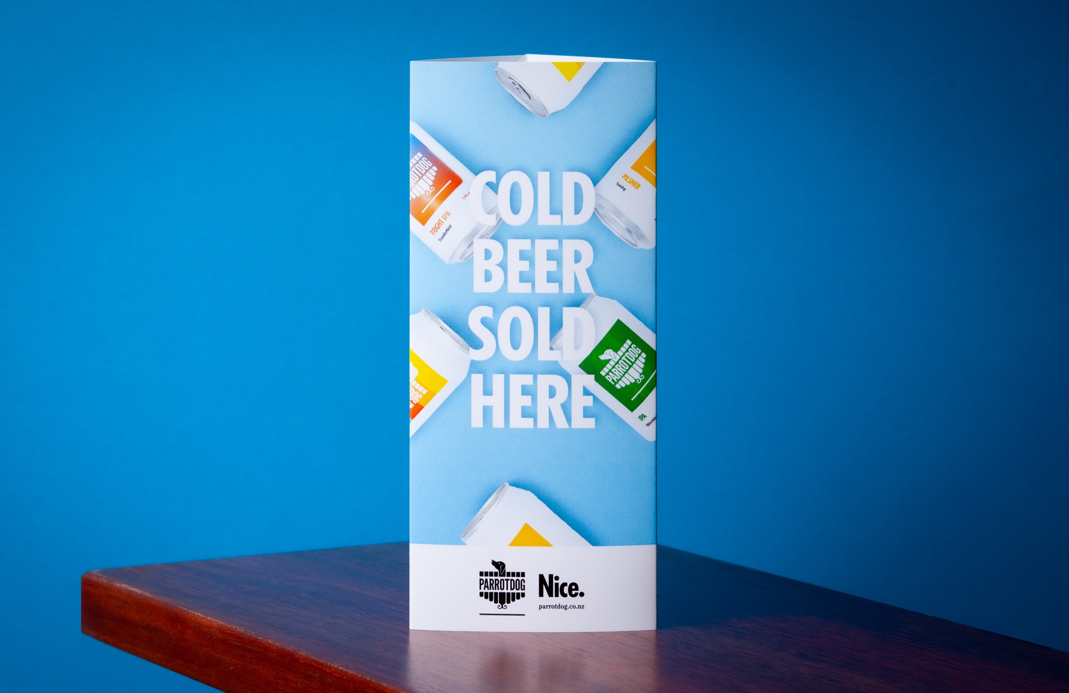 Branded table talkers for Parrotdog Brewery—digitally printed, diecut, and supplied flat for easy assembly; designed for bold in-venue display and seamless rep distribution.