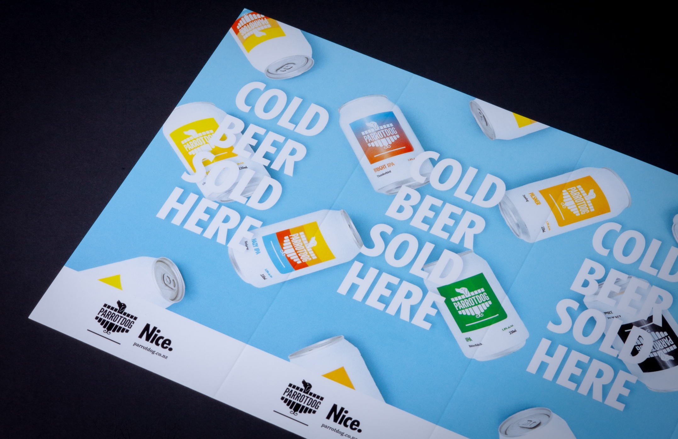 Branded table talkers for Parrotdog Brewery—digitally printed, diecut, and supplied flat for easy assembly; designed for bold in-venue display and seamless rep distribution.