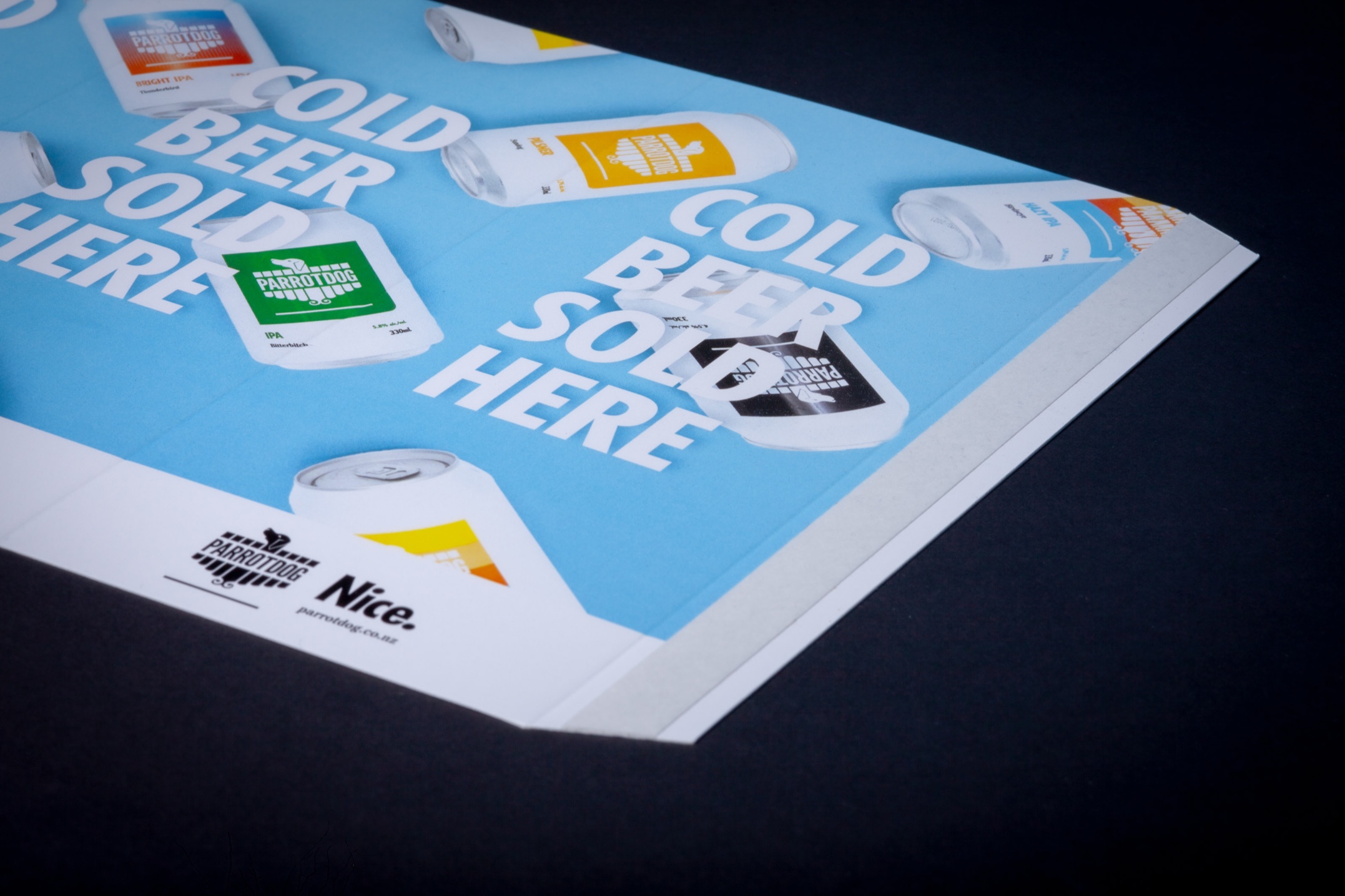 Branded table talkers for Parrotdog Brewery—digitally printed, diecut, and supplied flat for easy assembly; designed for bold in-venue display and seamless rep distribution.